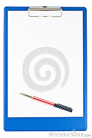 Blank blue clipboard with a pen Stock Photo