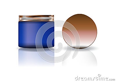 Blank blue cosmetic round jar with copper lid in medium high size. Vector Illustration