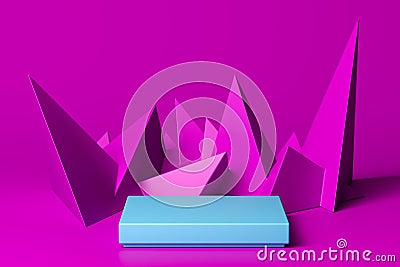 Blank Blue Foursquare Showcase with Empty Space on Pink Background Near Triangular Abstract Figures. 3d rendering Stock Photo