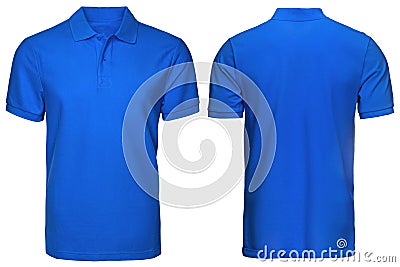 Blank blue polo shirt, front and back view, isolated white background. Design polo shirt, template and mockup for print. Stock Photo
