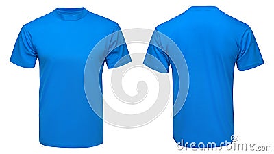 Blank blue t-shirt mock up template, front and back view, isolated white background Stock Photo