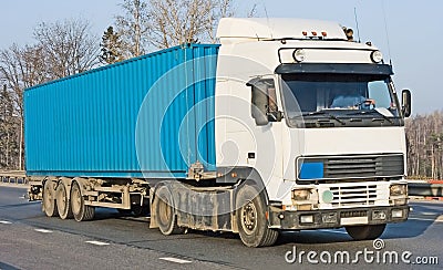 Blank blue tractor trailer truck on background Stock Photo