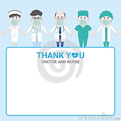 Blank text box. Medical team wear surgical medical mask hand in hand human wall fight together Vector Illustration