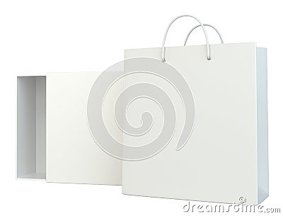 Blank box open and shopping bag on white background. 3d rendering Stock Photo