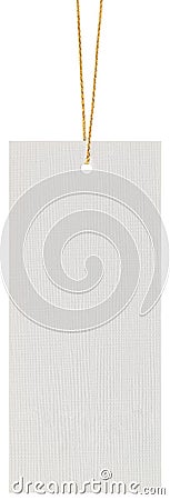 Blank Bright White Rectangular Cardboard Sale Tag, Golden Shiny String, Empty Price Label Badge Background Rectangle, Vertical Stock Photo