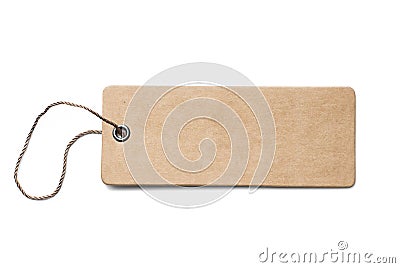 Blank brown cardboard price tag or label with thread isolated Stock Photo