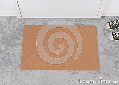 Blank brown door mat on the floor at home. Welcome mat with copy space for your text. Doormat mock up. Carpet at Stock Photo