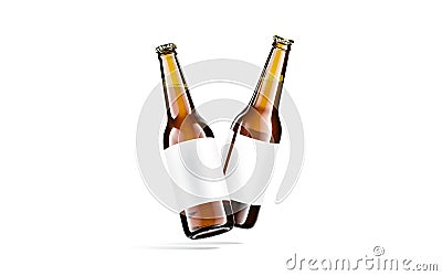 Blank brown glass beer bottle white label mockup, no gravity Stock Photo