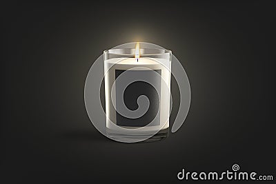 Blank burning candle in glass jar with white label mockup Stock Photo