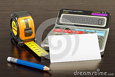 Blank business card for constructors, engineers or builders on the wooden desk background. 3D rendering Stock Photo