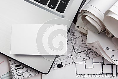 Blank business card with house figure. Real Estate Concept. Top view. Stock Photo