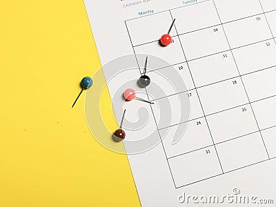 Blank calender with thumbtack. Business organizer, reminder or holiday plan concept. Stock Photo