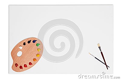 Blank canvas brushes and paint palette isolated Stock Photo