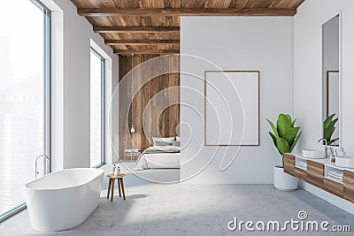 Blank canvas frame in open space living room, bedroom and bathtub with sinks Stock Photo