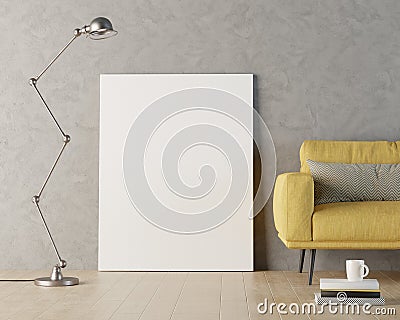 Blank canvas mockup against grey wall, 3d render Cartoon Illustration