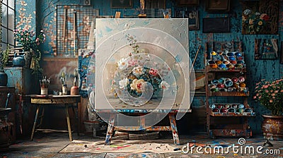 A blank canvas with a paintbrush and palette nearby surrounded by images of different dreamscapes and manifestations Stock Photo