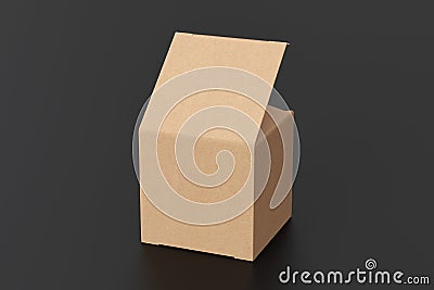 Blank cardboard cube gift box with opened hinged flap lid on black background. Cartoon Illustration