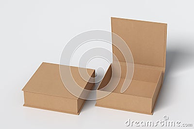 Blank cardboard flat square gift box with open and closed hinged flap lid on white background. Clipping path around box mock up. Cartoon Illustration