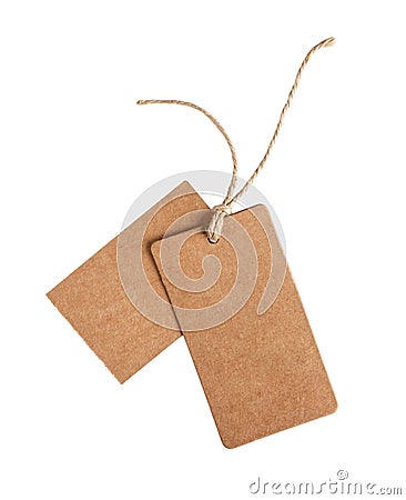 Blank cardboard rectangle tag with untied rope, isolated on white Stock Photo