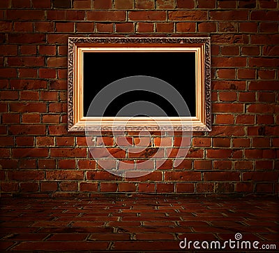 Blank Carved Gilded Frame on Red Brick Background Stock Photo