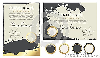 Blank for certificate or diploma with golden brush strokes. Vector Illustration