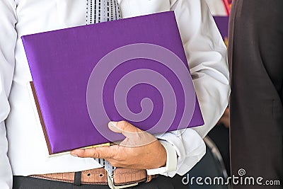 Blank certificate template with high quality purple silk cover Stock Photo