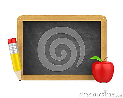 Blank Chalkboard with Pencil and Apple Isolated Stock Photo