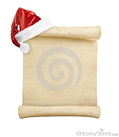 Blank christmas scroll witch Santa hat Stock Photo