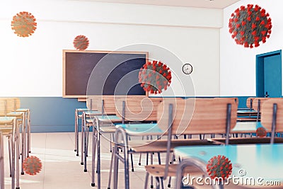 Blank classroom due to covid-19 pandemic. Concept of coronavirus emergency. 3D Rendering Stock Photo
