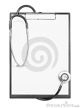 Blank clipboard with stethoscope isolated on white background Stock Photo