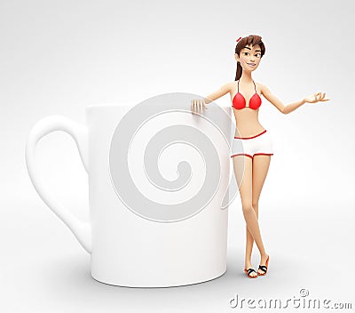 Blank Coffee or Tea Cup Mockup Next to Smiling and Happy Jenny - 3D Cartoon Female Character in Swimsuit Bikini Stock Photo