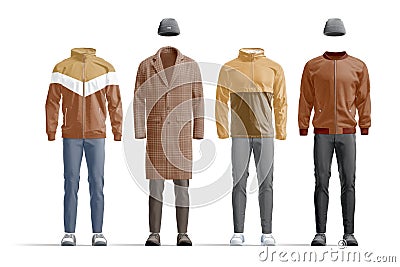 Blank colored cold outerwear costume mockup set, front view Stock Photo