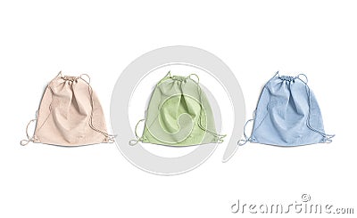 Blank colored drawstring backpack mock up lying, top view Stock Photo