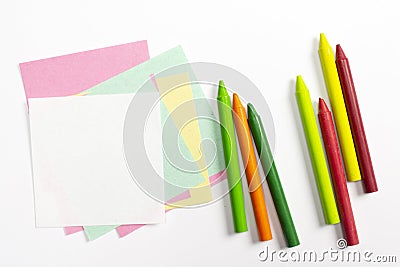 Blank colorful note paper with wav pencils isolated on white Stock Photo