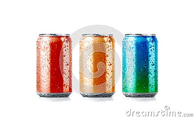 Blank colors aluminium soda can mockup with drops Stock Photo