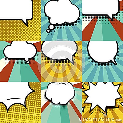 Blank comic balloon set template. Clear comics colorful speech bubbles halftone dot background style pop art collection Vector Illustration