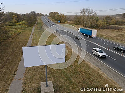 Blank commercial advertising billboard. Aerial view. Drone Stock Photo