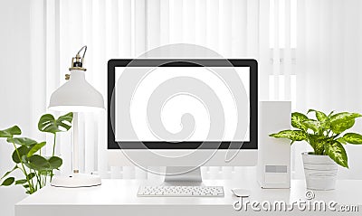 Blank computer screen copy space in modern white office environment Stock Photo