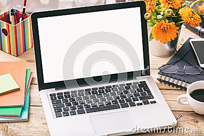 Blank computer screen on an office desk, copy space Stock Photo