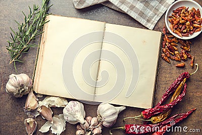 Blank cookbook and ingredients. Stock Photo