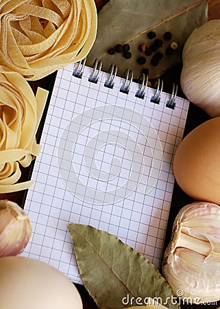 Blank cookbook with ingredients for pasta Stock Photo