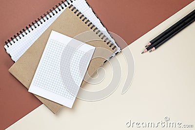 Blank corporate stationery set on brown background. Branding mock up. Flat lay. Stock Photo