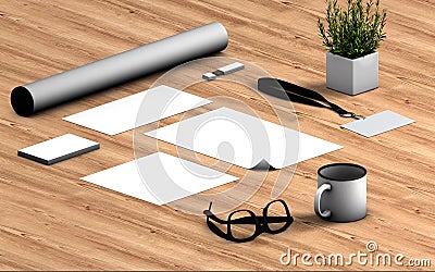 Blank corporate stationery on wood table Stock Photo