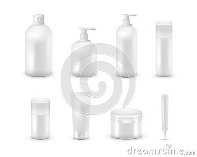 Blank cosmetic package collection set on white background. Realistic cosmetic bottle mock up set. Shampoo and Vector Illustration