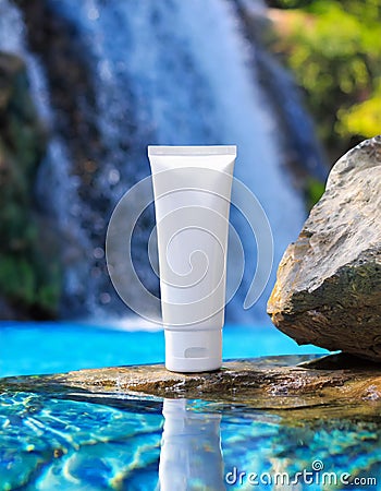 Blank Cosmetic Tube mockup by a Waterfall Stock Photo