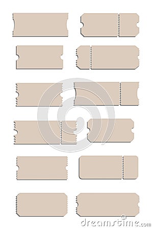 Blank coupons or empty ticket template set. Cinema, theater, concert and boarding tickets. Discount and sales coupons Vector Illustration
