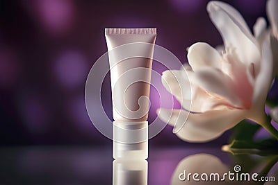 Blank cream tube near white magnolia flower, mockup. Skincare beauty product, cream or lotion. Natural cosmetics Stock Photo