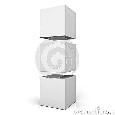 Blank 3d boxes or cubes standing isolated on white background with reflection Stock Photo