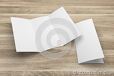 Blank 3D rendering tri-fold brochure mock-up with clipping path on wood No. 1 Stock Photo