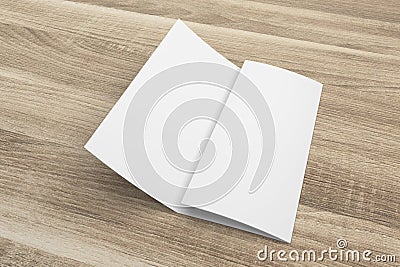 Blank 3D rendering tri-fold brochure mock-up with clipping path on wood No. 2 Stock Photo